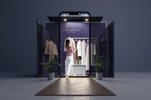 Frau steht in einem Smartphone als virtuelle Boutique – GenZ und die Zukunft des E-Commerce