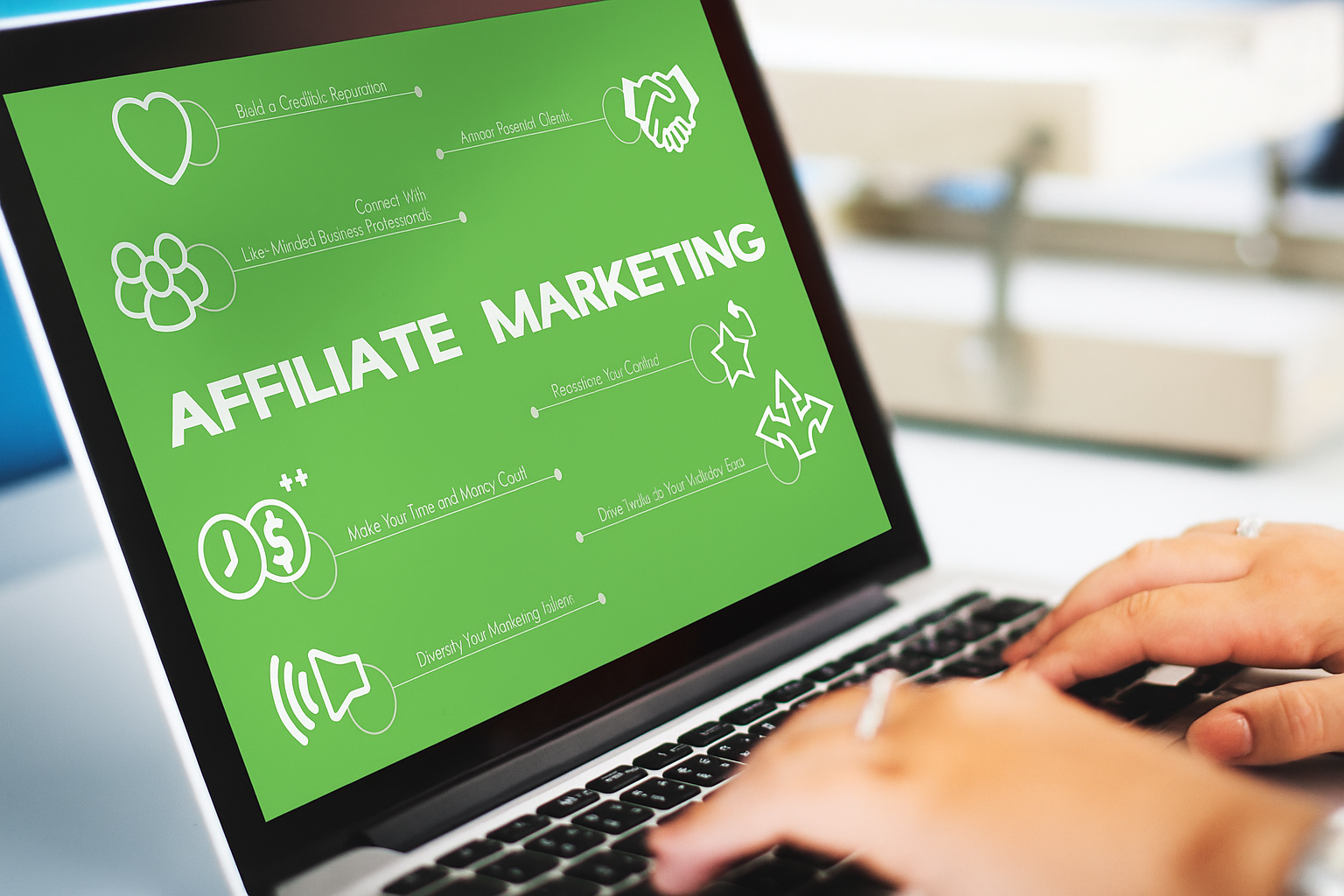 20250826_1331_Affiliate-Marketing mit Grün_remix_01k3k26r3zf6mbgvytyc4gs9e6 Aufgeklappter Laptop auf dem Affiliate Marketing steht