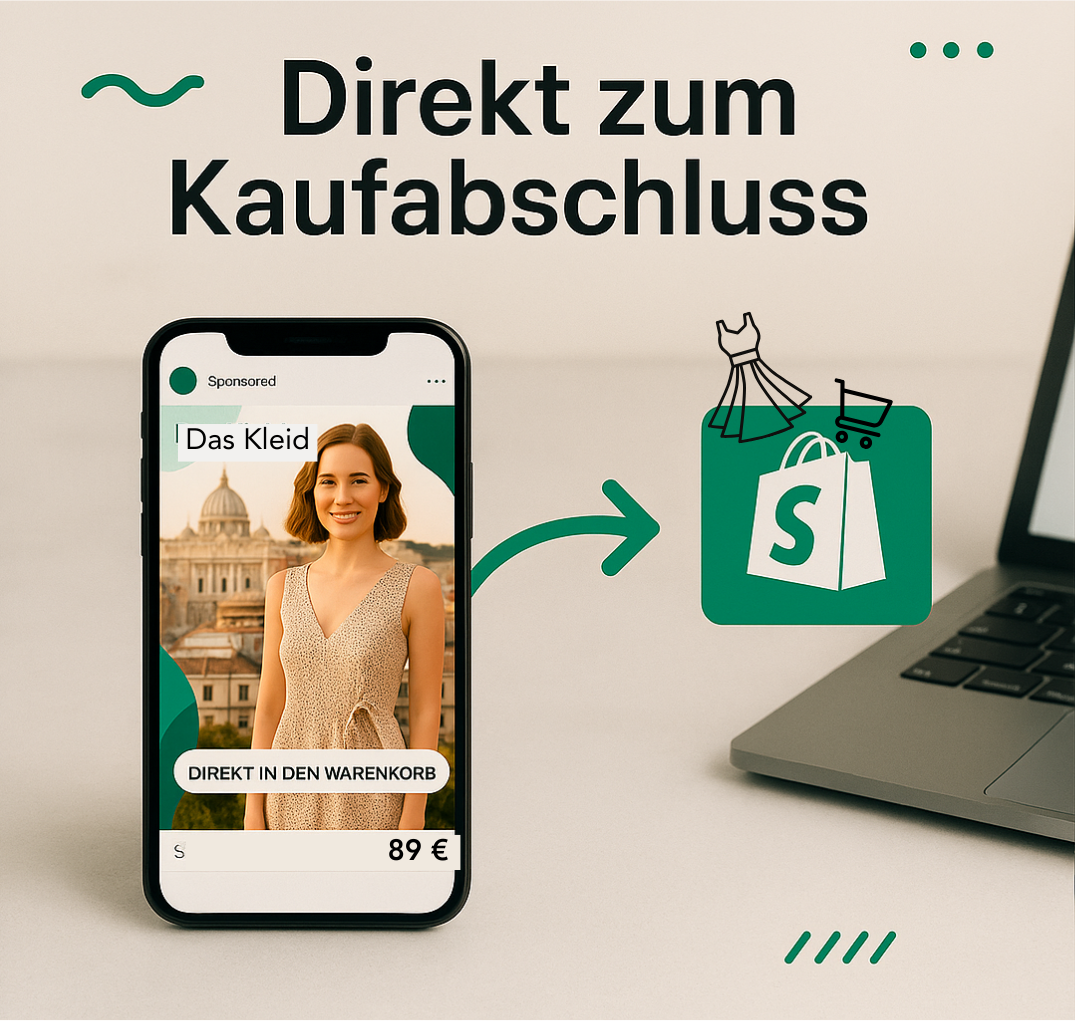 Direkt in den Warenkorb Direktkauflink: Auf einem Smartphone sieht man eine Werbung für ein Sommerkleid- dieses kann direkt auf schnellem Weg in den Warenkorbgelegt werden