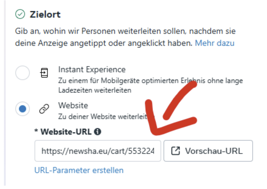 Permalink in Ad einbauen MetaAd Beispiel, wo bei der Kampagne der Permalink eingesetzt wird
