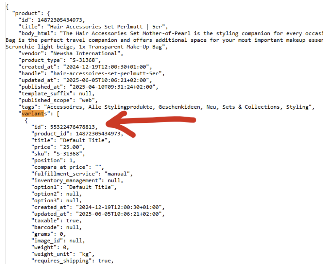 Produkt Id herausfinden Schritt 2 Suche die Varianten