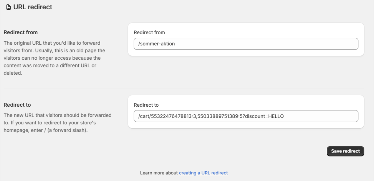 Redirect in Shopify einrichten um den Permalink "schöner" zu machen kann ein Redirect eingerichtet werden