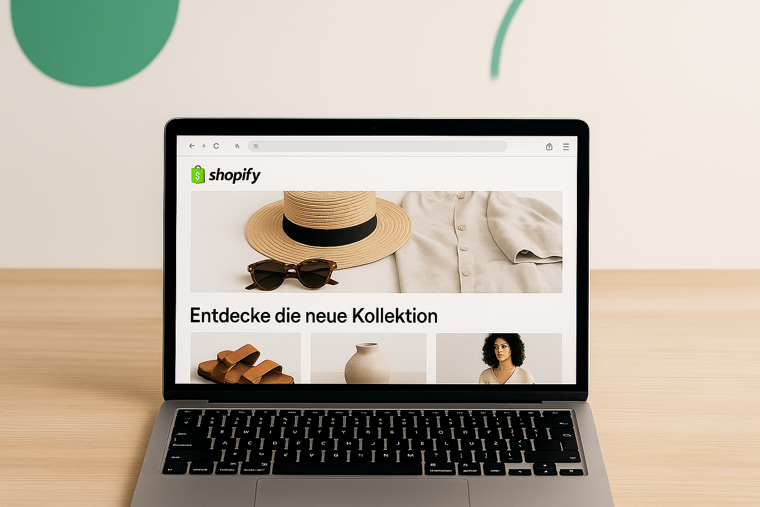Shopify Shop Laptop Ein Shopify Shop auf einem Laptop, der auf einem Holztisch steht. Auf dem Bild ist eine neue Somemrkollektion zu erkennen