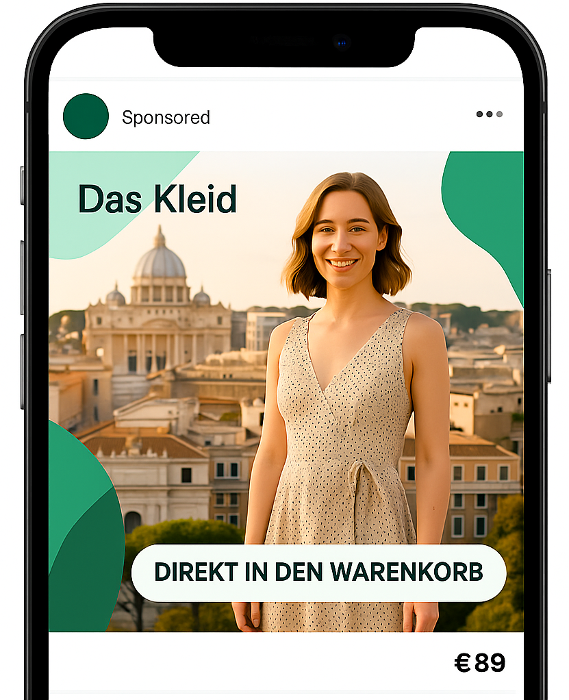 Social Ad Sommerkleid Social Commerce Kampagne für ein Sommerkleid mit glücklicher Frau in Rom