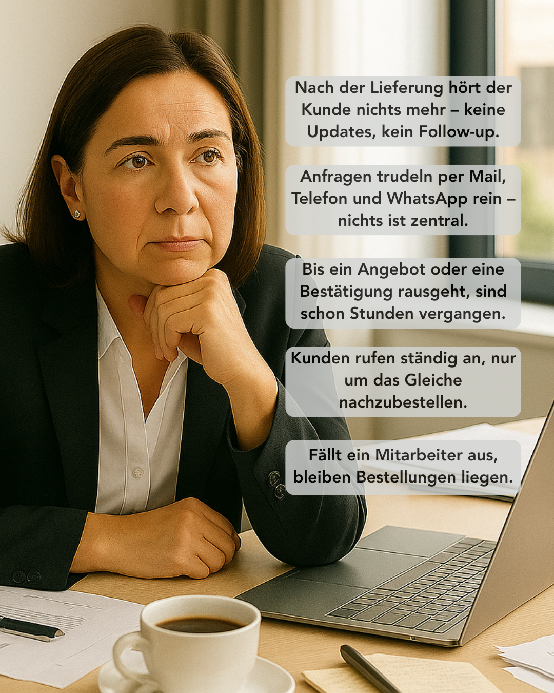 MItarbeiterin im Vertriebsinnendienst denkt über die Painpoints beim Verkauf im B2B nach