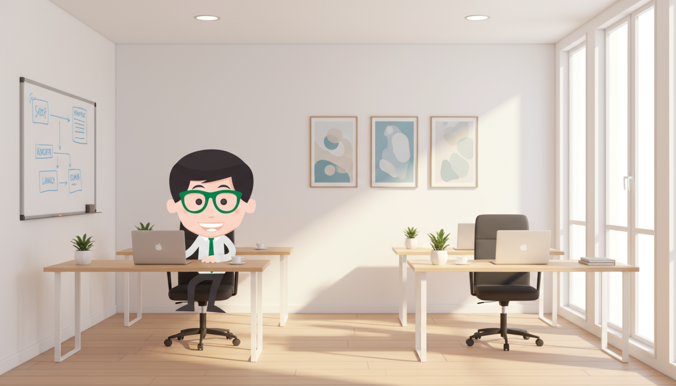 SHoppingbot MO sitzt am Schreibtisch und arbeitet an einem neuer Chatbotstrategie