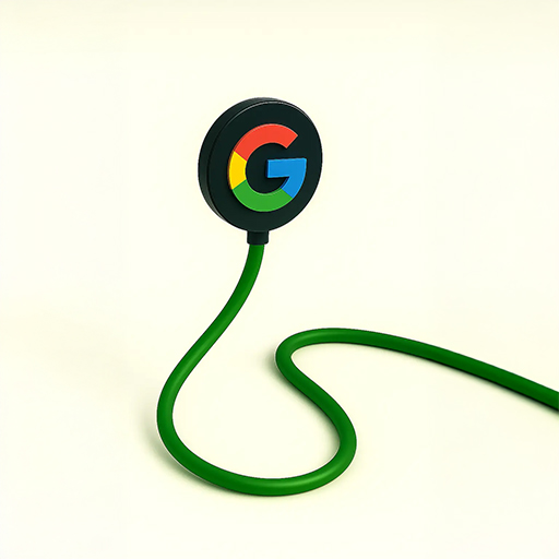 Minimalistische 3D-Illustration des bunten Google-Logos auf einem anthrazitfarbenen Pin mit geschwungenem, smaragdgrünem Kabel für Online-Marketing von MoSeven