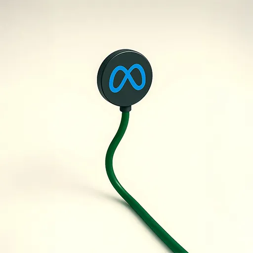 Minimalistische 3D-Illustration des blauen Meta-Logos auf einem anthrazitfarbenen Pin mit smaragdgrünem Kabel für Social Media Marketing von MoSeven