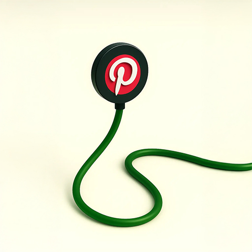 Minimalistische 3D-Illustration des roten Pinterest-Logos auf einem anthrazitfarbenen Pin mit geschwungenem, smaragdgrünem Kabel für Social-Media-Marketing von MoSeven