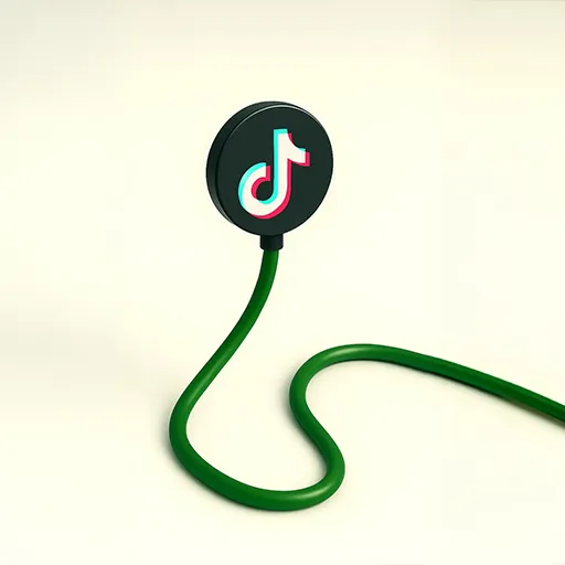 Minimalistische 3D-Illustration des TikTok-Logos auf einem anthrazitfarbenen Pin mit geschwungenem, smaragdgrünem Kabel für Social-Media-Marketing von MoSeven